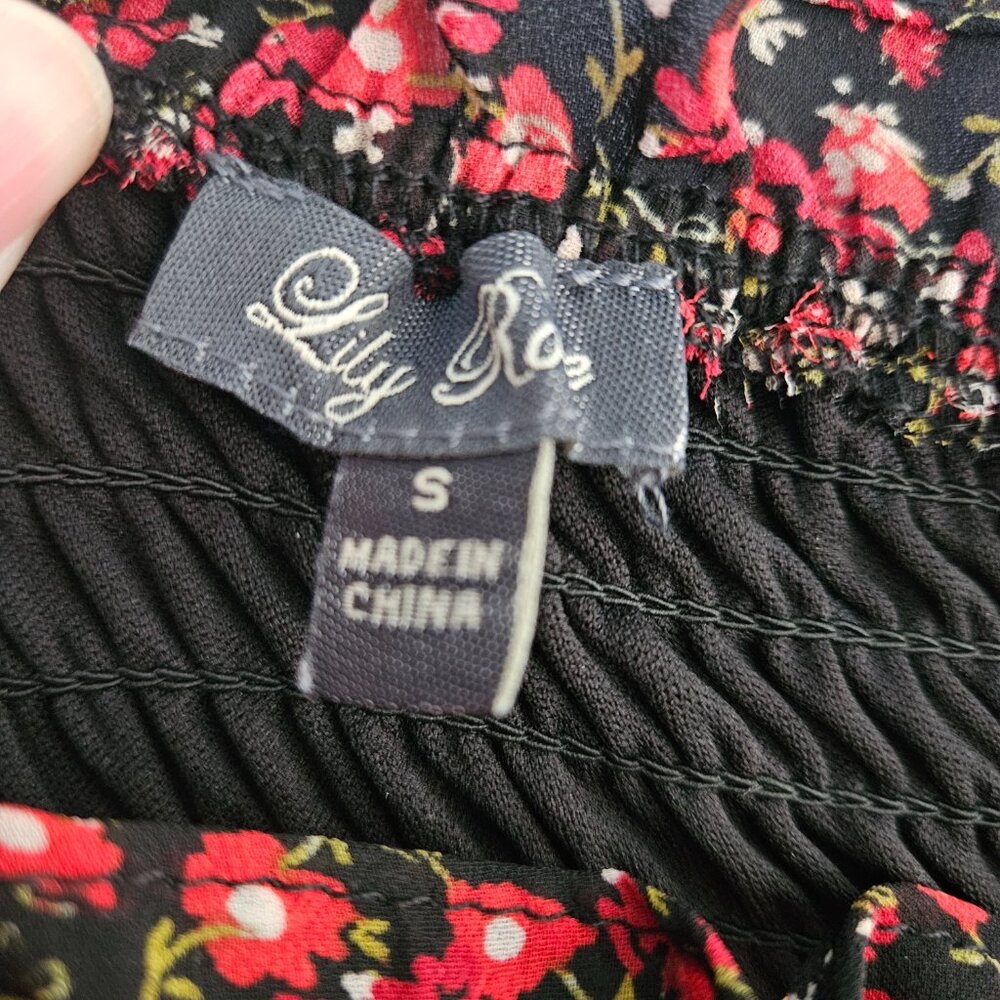 Lily Rose Smocked Black Red Floral Small Mini Dress - Picture 7 of 12